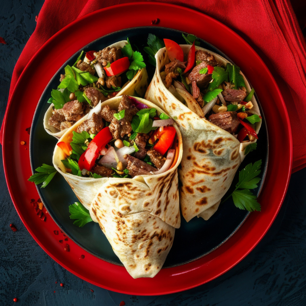 Fajitas au poulet garnies de légumes et crème fraîche