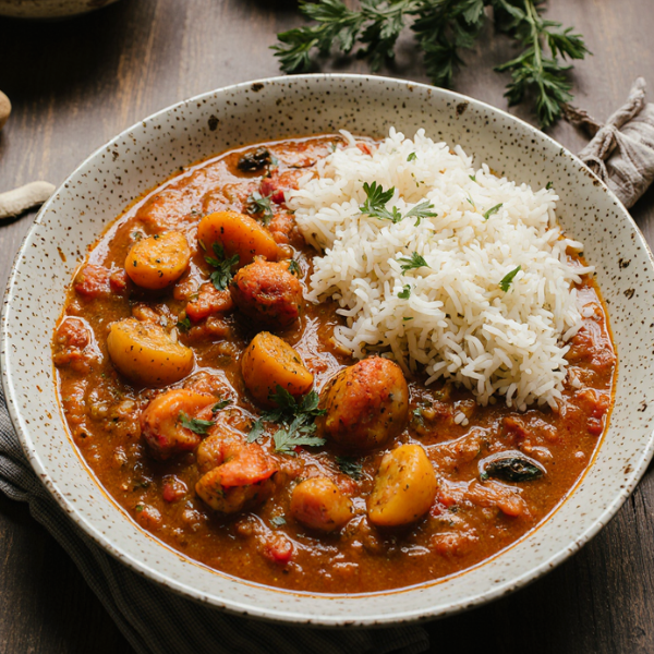 Assiette de rougail saucisses créole avec riz basmati, plat traditionnel réunionnais.