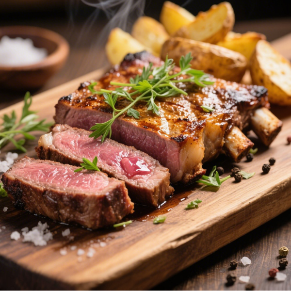 Recette Côte de boeuf parfumée au cerfeuil 2 Côte de bœuf grillée, tranchée, avec cerfeuil frais et pommes de terre