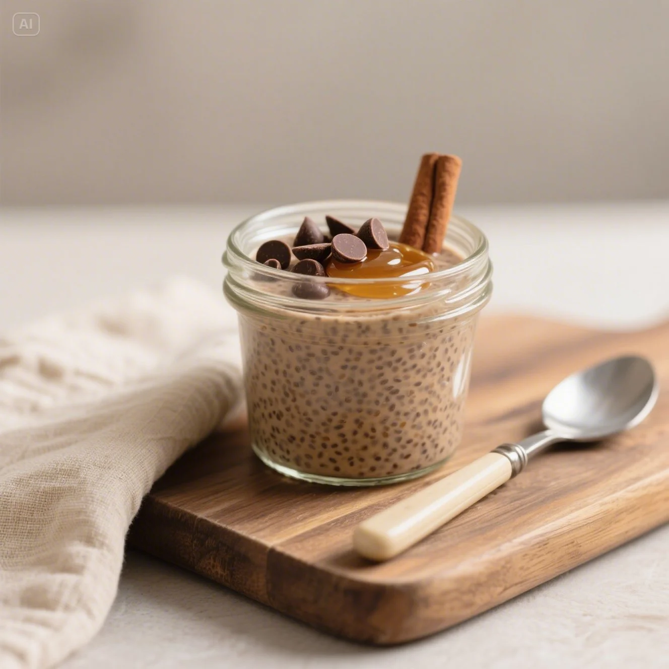 Pudding de chia à la vanille et à la cannelle garni de banane et miel dans un bocal