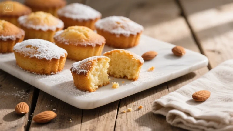 Financier aux amandes rectangulaires faits maison, dorés et saupoudrés de sucre glace