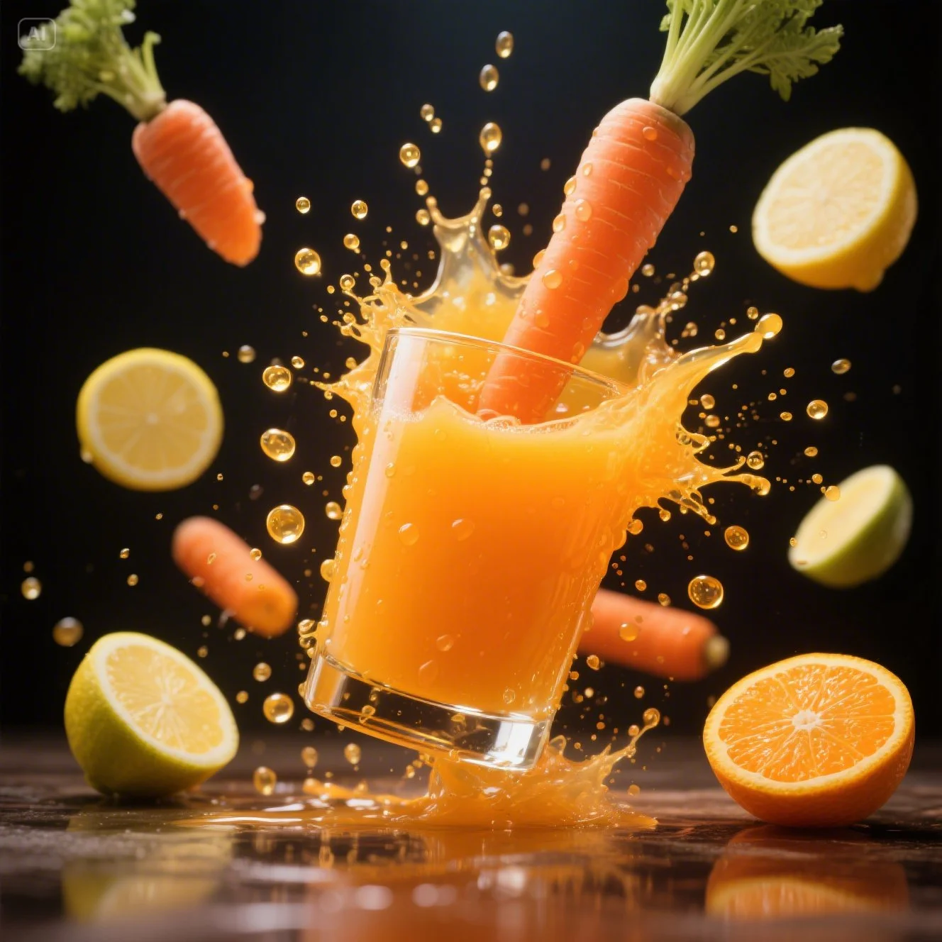 Verre de jus ACE maison à base de carotte, orange et citron, posé sur une table en bois avec des ingrédients frais autour