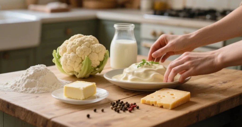 Chou-fleur à la Béchamel 2 Ingrédients disposés sur une table en bois pour la recette de Chou-fleur à la Béchamel : chou-fleur frais, lait, beurre, farine, gruyère râpé, sel, poivre, muscade
