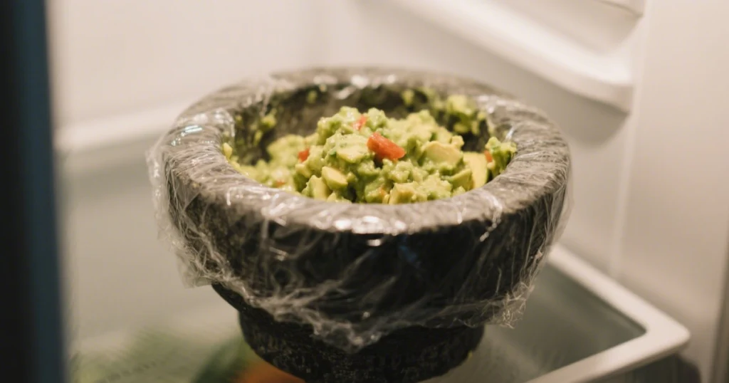Guacamole Traditionnel : Recette Authentique Mexicaine 6 Bol de guacamole recouvert de film alimentaire placé au réfrigérateur pour repos