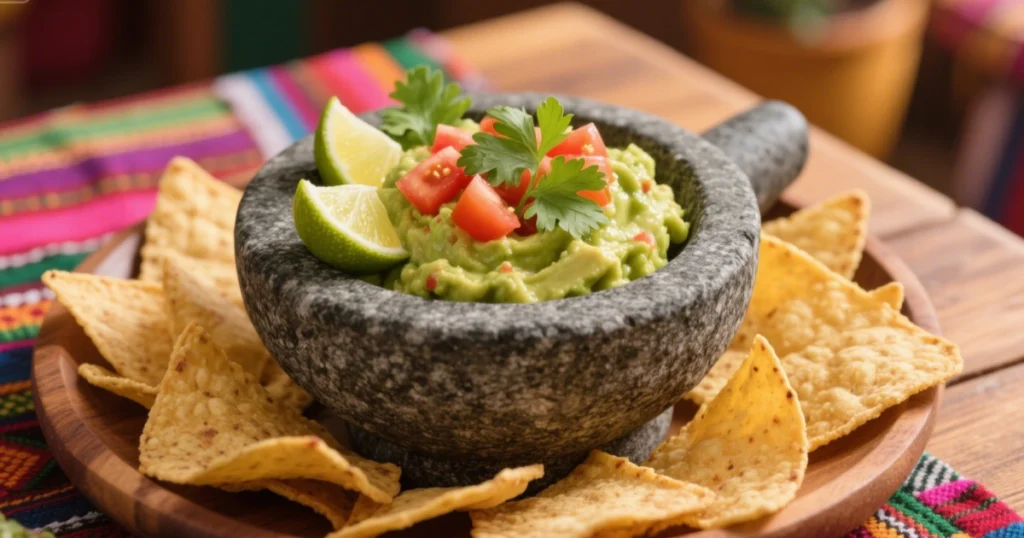 Guacamole Traditionnel : Recette Authentique Mexicaine 7 Guacamole servi dans un molcajete, garni de coriandre, tomate et citron vert, entouré de Nachips