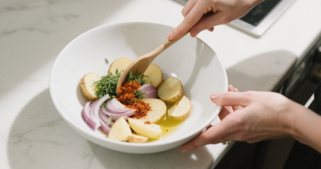 Poularde Airfryer : Recette Croustillante et Juteuse 4 Poularde entière rôtie au four, bien dorée, servie avec pommes de terre coupées, oignon rôti et herbes aromatiques sur un plat rustique.