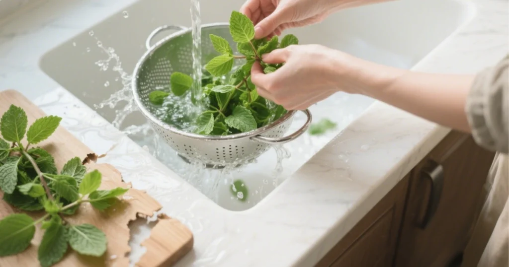 Jus de citron à la menthe 4 Feuilles de menthe fraîche rincées et déchirées à la main sur une planche en bois