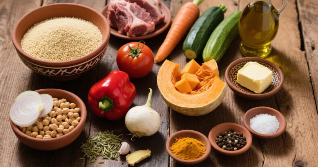 Couscous Royal Marocain aux 7 Légumes 3 Ingrédients frais pour couscous royal marocain : sept légumes colorés, semoule, viande d’agneau, poulet, merguez, épices traditionnelles et herbes aromatiques