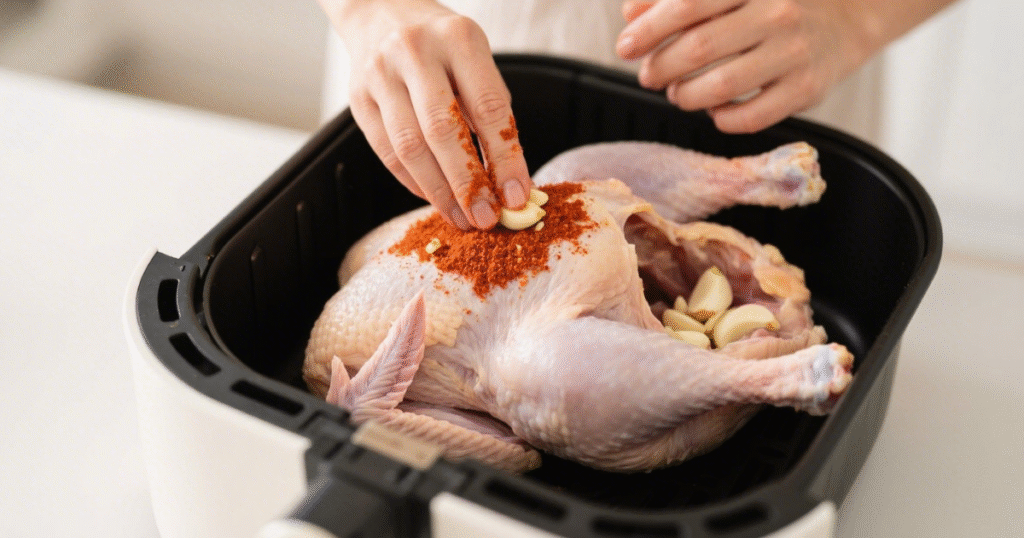 Poularde Airfryer : Recette Croustillante et Juteuse 5 Poularde entière rôtie au four, bien dorée, servie avec pommes de terre coupées, oignon rôti et herbes aromatiques sur un plat rustique.