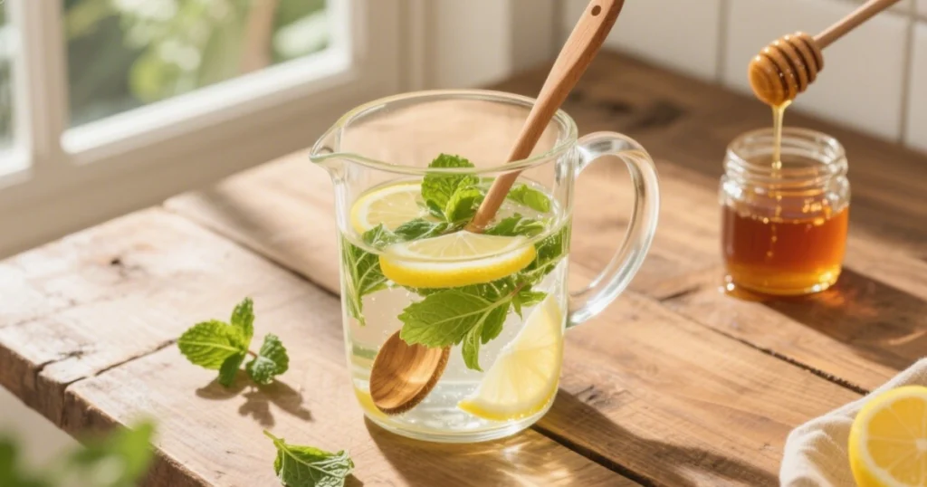 Jus de citron à la menthe 5 Pichet transparent avec citron, menthe et miel mélangés à la cuillère