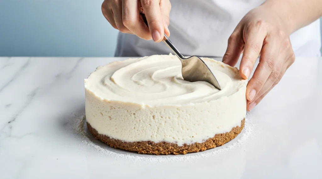 Cheesecake Sans Cuisson 5 Cheesecake sans cuisson garni de fruits rouges frais et d’un coulis brillant, posé sur une assiette blanche, avec une base biscuitée dorée et une texture crémeuse.