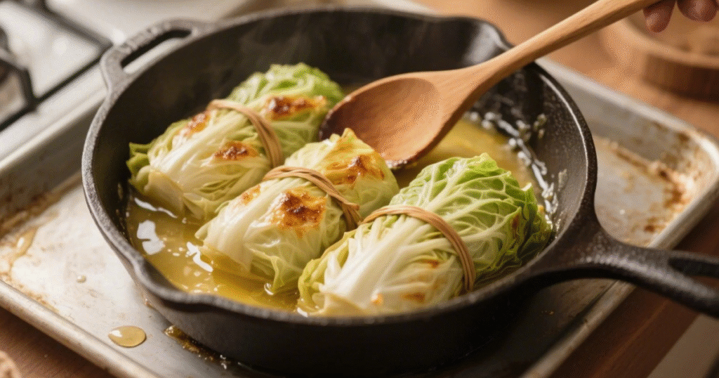 Choux Farcis 7 Choux farcis ficelés en train de dorer dans une cocotte avec de la margarine pour un goût caramélisé