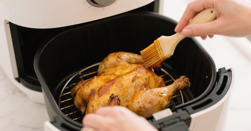 Poularde Airfryer : Recette Croustillante et Juteuse 7 Poularde entière rôtie au four, bien dorée, servie avec pommes de terre coupées, oignon rôti et herbes aromatiques sur un plat rustique.