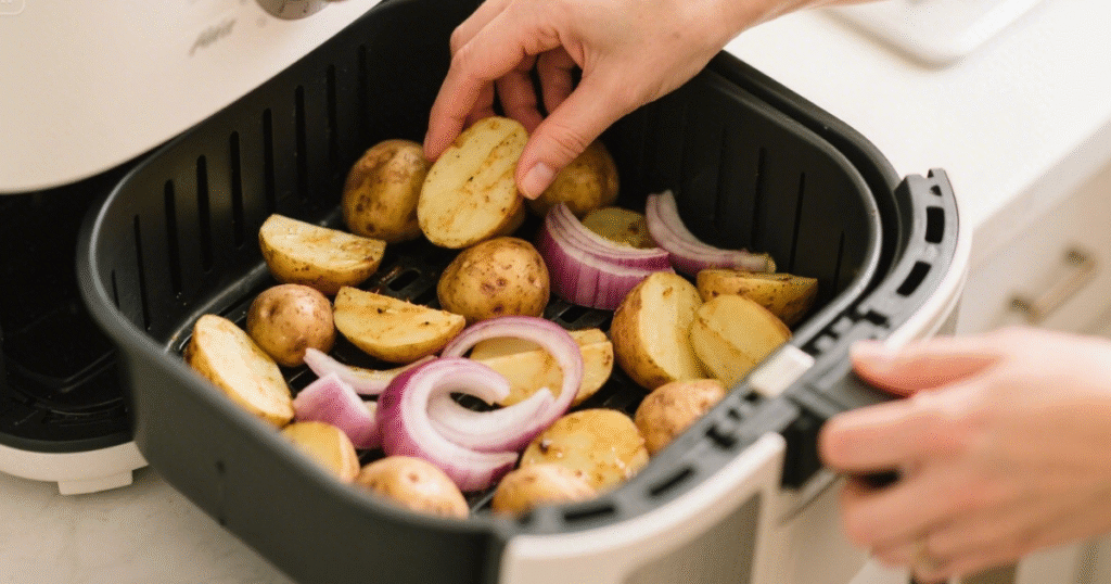 Poularde Airfryer : Recette Croustillante et Juteuse 8 Poularde entière rôtie au four, bien dorée, servie avec pommes de terre coupées, oignon rôti et herbes aromatiques sur un plat rustique.