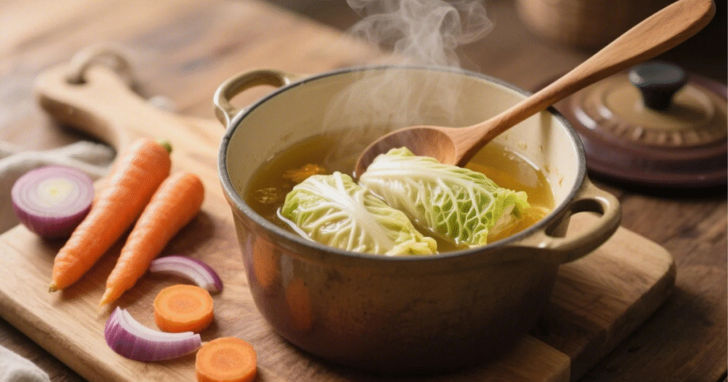 Choux Farcis 8 Carottes et oignons ajoutés dans une cocotte avec les choux farcis, mijotés dans un bouillon parfumé au vin blanc