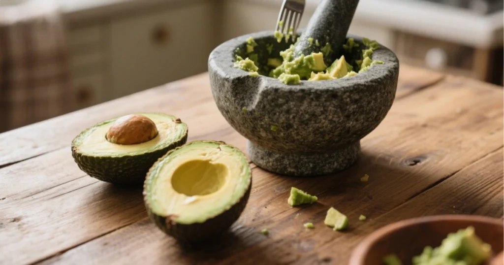 Guacamole Traditionnel : Recette Authentique Mexicaine 3 Chair d’avocats mûrs écrasée à la fourchette dans un bol ou un molcajete