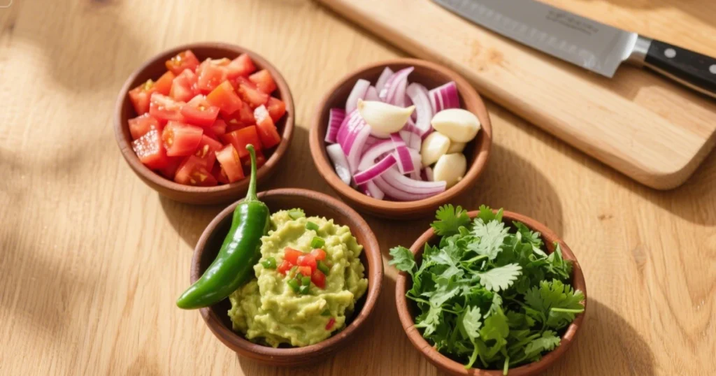 Guacamole Traditionnel : Recette Authentique Mexicaine 4 Tomates, oignon, ail, piment vert et coriandre fraîche finement découpés sur planche de cuisine