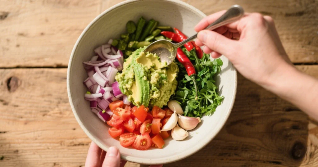 Guacamole Traditionnel : Recette Authentique Mexicaine 5 Légumes ajoutés à la purée d’avocat dans un bol, guacamole en cours de mélange