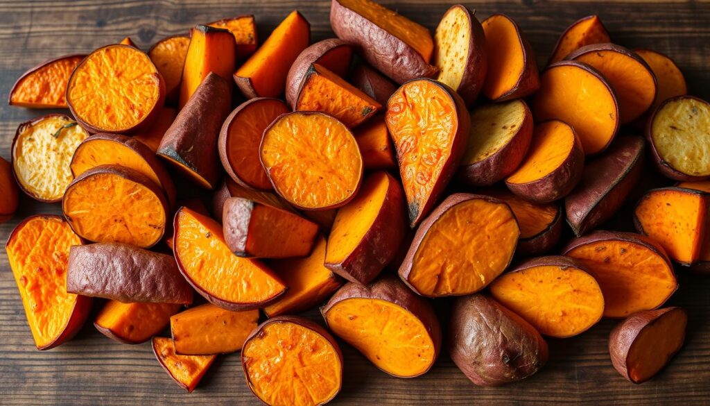 A bountiful arrangement of roasted sweet potatoes, showcasing a diverse palette of vibrant hues. Crisp exteriors give way to tender, caramelized interiors, artfully arranged on a rustic wooden surface. Soft, diffused lighting casts a warm, inviting glow, highlighting the natural sweetness and earthy tones of the vegetables. Subtle shadows add depth and dimensionality, while the slightly uneven arrangement lends an authentic, homemade feel. The scene exudes a sense of comfort and nourishment, inviting the viewer to savor the simple pleasures of this versatile and flavorful side dish. A bountiful arrangement of roasted sweet potatoes, showcasing a diverse palette of vibrant hues. Crisp exteriors give way to tender, caramelized interiors, artfully arranged on a rustic wooden surface. Soft, diffused lighting casts a warm, inviting glow, highlighting the natural sweetness and earthy tones of the vegetables. Subtle shadows add depth and dimensionality, while the slightly uneven arrangement lends an authentic, homemade feel. The scene exudes a sense of comfort and nourishment, inviting the viewer to savor the simple pleasures of this versatile and flavorful side dish.