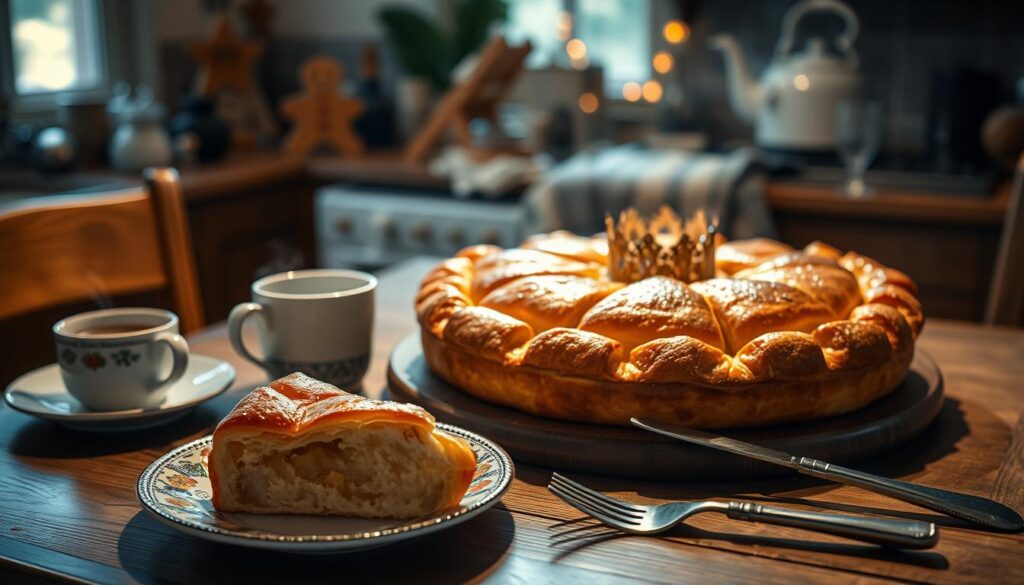 A cozy kitchen scene, warm lighting illuminates a wooden table with a freshly baked golden-brown galette des rois, its flaky crust glistening. A steaming cup of coffee or tea stands nearby, along with a vintage-inspired plate, fork, and knife, ready for a leisurely degustation. The galette is adorned with a shiny golden crown, hinting at the hidden charm within, inviting the viewer to savor this classic French treat. The overall atmosphere exudes a sense of tradition, comfort, and the joy of sharing a beloved seasonal delicacy. A cozy kitchen scene, warm lighting illuminates a wooden table with a freshly baked golden-brown galette des rois, its flaky crust glistening. A steaming cup of coffee or tea stands nearby, along with a vintage-inspired plate, fork, and knife, ready for a leisurely degustation. The galette is adorned with a shiny golden crown, hinting at the hidden charm within, inviting the viewer to savor this classic French treat. The overall atmosphere exudes a sense of tradition, comfort, and the joy of sharing a beloved seasonal delicacy.