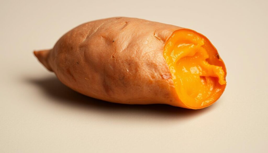 A crisp close-up of a freshly baked sweet potato, its golden-orange flesh glistening with a hint of caramelization. The tuber rests on a neutral background, showcasing its natural beauty and nutrient-rich interior. Soft, diffused lighting casts gentle shadows, accentuating the smooth texture and unique shape. The image radiates a sense of wholesome goodness, inviting the viewer to appreciate the versatility and health benefits of this humble yet extraordinary vegetable. A crisp close-up of a freshly baked sweet potato, its golden-orange flesh glistening with a hint of caramelization. The tuber rests on a neutral background, showcasing its natural beauty and nutrient-rich interior. Soft, diffused lighting casts gentle shadows, accentuating the smooth texture and unique shape. The image radiates a sense of wholesome goodness, inviting the viewer to appreciate the versatility and health benefits of this humble yet extraordinary vegetable.