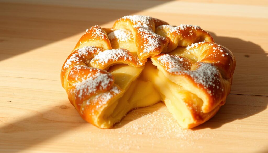A delectable galette des rois à la frangipane, a classic French pastry, resting on a light wooden surface. The golden, flaky crust encases a rich, creamy frangipane filling, dusted with a light coating of powdered sugar. The galette is illuminated by warm, natural lighting, casting soft shadows that accentuate its rustic charm. The scene is captured from a slightly elevated angle, highlighting the intricate details and inviting the viewer to savor the delightful treat. The overall atmosphere is one of simple elegance, capturing the essence of this beloved French delicacy. A delectable galette des rois à la frangipane, a classic French pastry, resting on a light wooden surface. The golden, flaky crust encases a rich, creamy frangipane filling, dusted with a light coating of powdered sugar. The galette is illuminated by warm, natural lighting, casting soft shadows that accentuate its rustic charm. The scene is captured from a slightly elevated angle, highlighting the intricate details and inviting the viewer to savor the delightful treat. The overall atmosphere is one of simple elegance, capturing the essence of this beloved French delicacy.