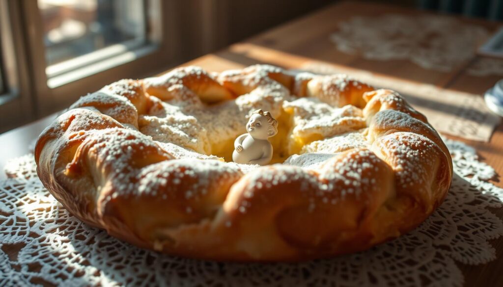 A delicate fève nestled within a freshly baked galette des rois, the traditional French Epiphany cake. The flaky pastry is dusted with powdered sugar, casting a soft, ethereal glow in the gentle lighting. The fève, a small ceramic or porcelain figurine, sits prominently at the center, a symbol of luck and tradition. Sunlight filters through a nearby window, casting warm, diffused shadows across the scene. The galette is framed by a simple yet elegant setting, with a vintage lace doily and hints of a rustic wooden table in the background, conveying a sense of timeless French charm. The overall mood is one of celebration, tradition, and the comforting rituals of the holiday season. A delicate fève nestled within a freshly baked galette des rois, the traditional French Epiphany cake. The flaky pastry is dusted with powdered sugar, casting a soft, ethereal glow in the gentle lighting. The fève, a small ceramic or porcelain figurine, sits prominently at the center, a symbol of luck and tradition. Sunlight filters through a nearby window, casting warm, diffused shadows across the scene. The galette is framed by a simple yet elegant setting, with a vintage lace doily and hints of a rustic wooden table in the background, conveying a sense of timeless French charm. The overall mood is one of celebration, tradition, and the comforting rituals of the holiday season.