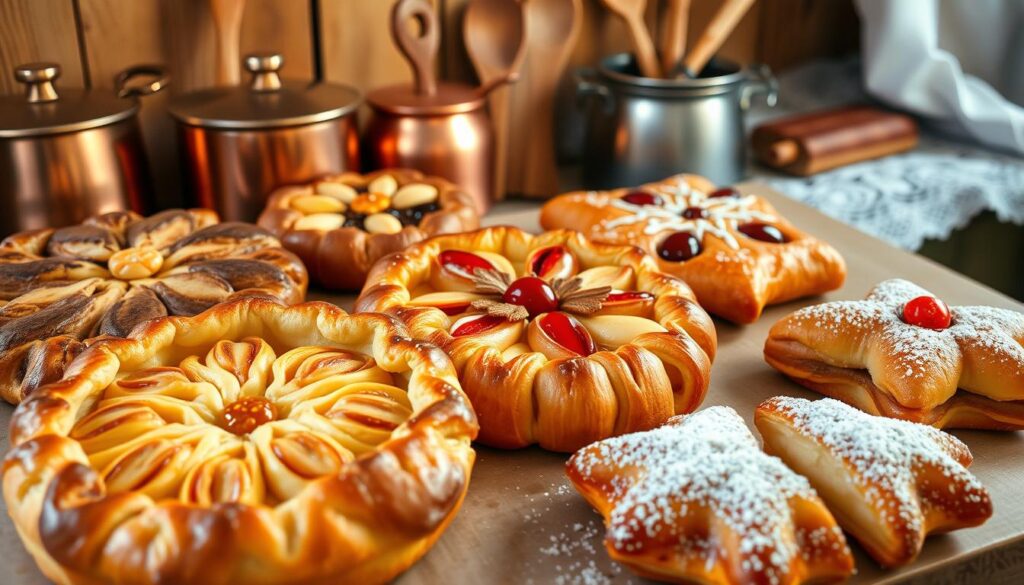 A delightful assortment of traditional and contemporary Galette des Rois pastries, displayed against a warm, rustic backdrop. In the foreground, a flaky golden crust encases a rich, creamy frangipane filling, adorned with intricate patterns and decorations. The middle ground showcases a variety of styles, from the classic round shape to innovative square and star-shaped variations, each with its own unique garnishes, such as caramelized almonds, candied fruits, and delicate sugar dusting. In the background, a cozy kitchen scene with copper pots, wooden utensils, and a glimpse of a lace-trimmed tablecloth sets the stage for this beloved French delicacy. Soft, diffused lighting casts a warm glow, highlighting the textures and colors of these enticing pastries. A delightful assortment of traditional and contemporary Galette des Rois pastries, displayed against a warm, rustic backdrop. In the foreground, a flaky golden crust encases a rich, creamy frangipane filling, adorned with intricate patterns and decorations. The middle ground showcases a variety of styles, from the classic round shape to innovative square and star-shaped variations, each with its own unique garnishes, such as caramelized almonds, candied fruits, and delicate sugar dusting. In the background, a cozy kitchen scene with copper pots, wooden utensils, and a glimpse of a lace-trimmed tablecloth sets the stage for this beloved French delicacy. Soft, diffused lighting casts a warm glow, highlighting the textures and colors of these enticing pastries.