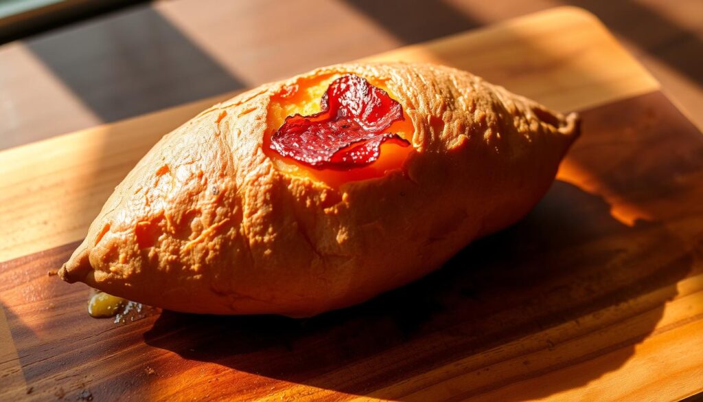 A golden-brown baked sweet potato, fresh from the oven, its crispy skin contrasting with the soft, fluffy interior. The potato rests on a rustic wooden cutting board, its natural texture and hues complementing the earthy setting. Warm natural lighting casts gentle shadows, highlighting the sweet potato's enticing visual appeal. The scene evokes the comforting aroma and satisfying texture of a perfectly roasted sweet potato, ready to be enjoyed as a delightful and nutritious side dish. A golden-brown baked sweet potato, fresh from the oven, its crispy skin contrasting with the soft, fluffy interior. The potato rests on a rustic wooden cutting board, its natural texture and hues complementing the earthy setting. Warm natural lighting casts gentle shadows, highlighting the sweet potato's enticing visual appeal. The scene evokes the comforting aroma and satisfying texture of a perfectly roasted sweet potato, ready to be enjoyed as a delightful and nutritious side dish.