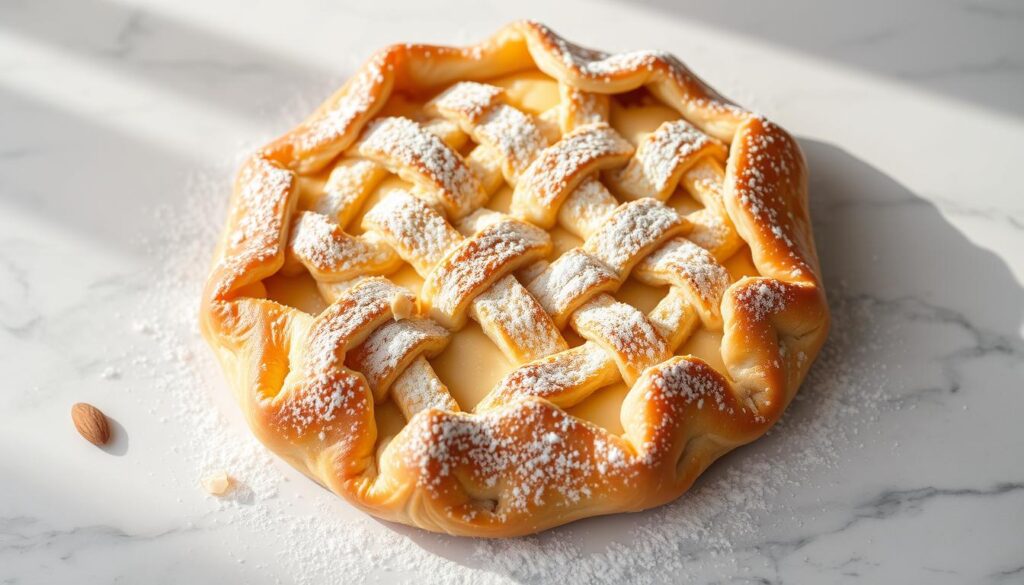 A golden-brown, flaky puff pastry galette, filled with a rich, creamy frangipane custard, sits on a marble surface. The galette is dusted with powdered sugar, creating a delicate, snowy contrast. Soft natural lighting casts a warm glow, highlighting the intricate lattice crust pattern. The galette is presented in a clean, elegant composition, showcasing its classic French bakery aesthetic. A few scattered almond slices and a stray crumb or two add a touch of rustic charm, hinting at the delicious flavors within. A golden-brown, flaky puff pastry galette, filled with a rich, creamy frangipane custard, sits on a marble surface. The galette is dusted with powdered sugar, creating a delicate, snowy contrast. Soft natural lighting casts a warm glow, highlighting the intricate lattice crust pattern. The galette is presented in a clean, elegant composition, showcasing its classic French bakery aesthetic. A few scattered almond slices and a stray crumb or two add a touch of rustic charm, hinting at the delicious flavors within.