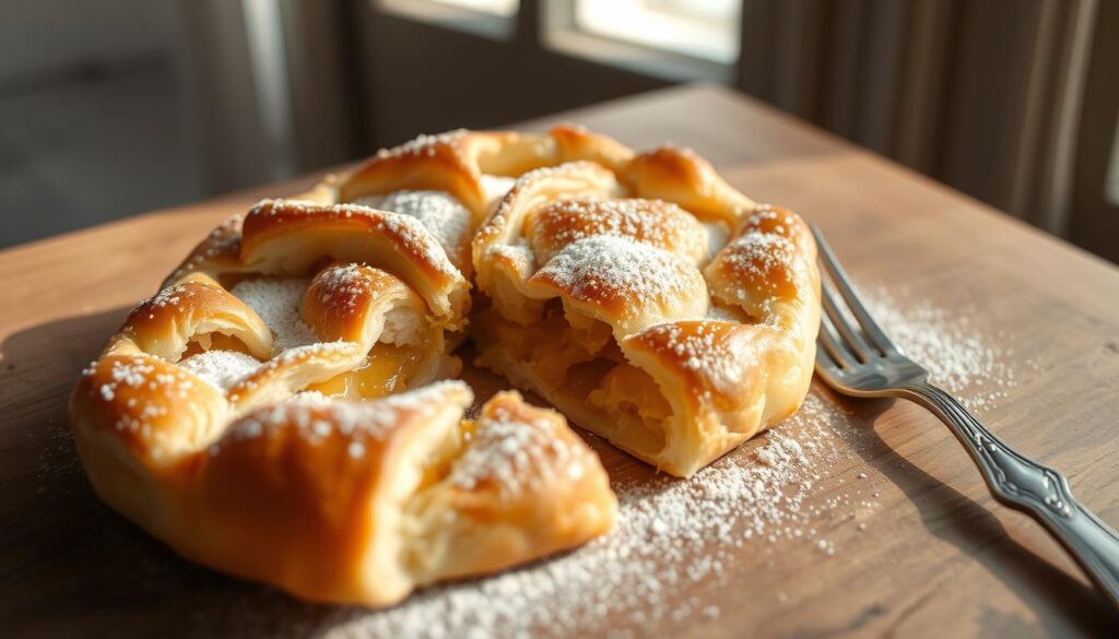 A tempting golden-brown puff pastry galette with a dusting of powdered sugar, resting on a rustic wooden table. A fork sits nearby, ready to slice into the flaky crust and reveal the rich frangipane filling within. Soft natural lighting filters through a window, casting a warm glow over the scene. The galette is the centerpiece, surrounded by a minimalist background that allows the pastry to shine. The composition is balanced, with clean lines and a sense of simple elegance, capturing the traditional French essence of this beloved dessert. A tempting golden-brown puff pastry galette with a dusting of powdered sugar, resting on a rustic wooden table. A fork sits nearby, ready to slice into the flaky crust and reveal the rich frangipane filling within. Soft natural lighting filters through a window, casting a warm glow over the scene. The galette is the centerpiece, surrounded by a minimalist background that allows the pastry to shine. The composition is balanced, with clean lines and a sense of simple elegance, capturing the traditional French essence of this beloved dessert.
