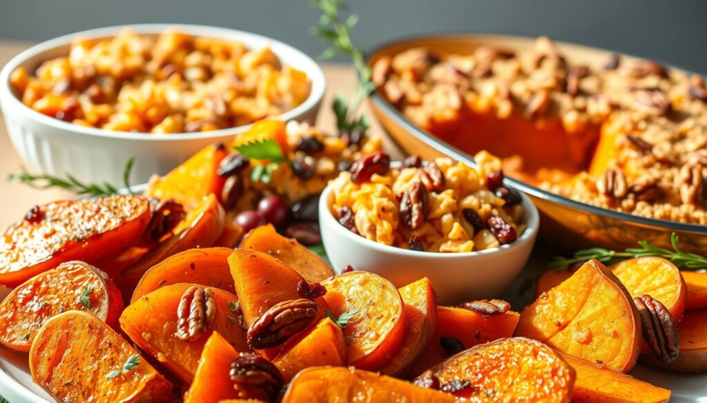 A vibrant still life showcasing an array of succulent sweet potato side dishes. In the foreground, freshly roasted sweet potato wedges seasoned with aromatic spices, drizzled with a tangy vinaigrette. In the middle ground, a colorful salad of shredded sweet potato, crunchy pecans, and dried cranberries, dressed in a honey-mustard dressing. Behind, a hearty sweet potato casserole, its surface golden-brown and topped with a crunchy pecan streusel. Soft, natural lighting illuminates the scene, casting warm shadows and highlights the rich, earthy tones of the sweet potatoes. The composition is balanced and visually appealing, inviting the viewer to savor these delightful sweet potato accompaniments. A vibrant still life showcasing an array of succulent sweet potato side dishes. In the foreground, freshly roasted sweet potato wedges seasoned with aromatic spices, drizzled with a tangy vinaigrette. In the middle ground, a colorful salad of shredded sweet potato, crunchy pecans, and dried cranberries, dressed in a honey-mustard dressing. Behind, a hearty sweet potato casserole, its surface golden-brown and topped with a crunchy pecan streusel. Soft, natural lighting illuminates the scene, casting warm shadows and highlights the rich, earthy tones of the sweet potatoes. The composition is balanced and visually appealing, inviting the viewer to savor these delightful sweet potato accompaniments.