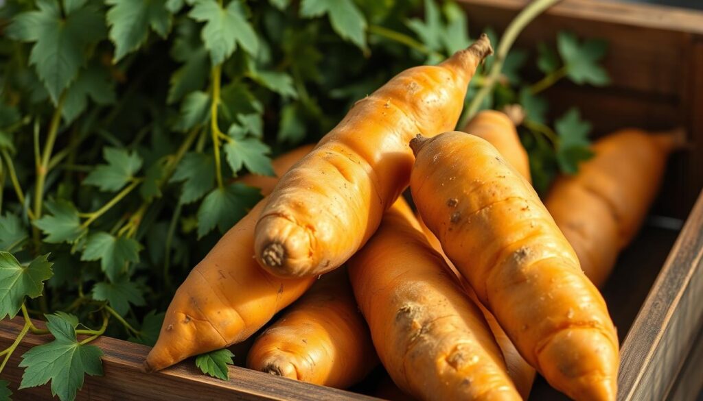 A well-lit close-up photograph of freshly harvested sweet potatoes (patate douce) arranged in a rustic wooden crate or basket, surrounded by lush green leaves and vines. The sweet potatoes have a vibrant orange hue and a smooth, unblemished skin, showcasing their high quality. The background is softly blurred, creating a sense of depth and focus on the produce. The lighting is warm and natural, casting gentle shadows that accentuate the texture and contours of the sweet potatoes. The overall mood is one of health, freshness, and the bounty of the earth. A well-lit close-up photograph of freshly harvested sweet potatoes (patate douce) arranged in a rustic wooden crate or basket, surrounded by lush green leaves and vines. The sweet potatoes have a vibrant orange hue and a smooth, unblemished skin, showcasing their high quality. The background is softly blurred, creating a sense of depth and focus on the produce. The lighting is warm and natural, casting gentle shadows that accentuate the texture and contours of the sweet potatoes. The overall mood is one of health, freshness, and the bounty of the earth.