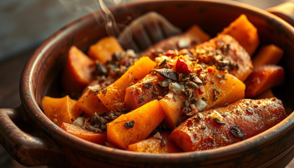 Crisp baked sweet potatoes in a rustic earthenware dish, garnished with a colorful medley of international spices and seasonings. Warm golden light filters through the scene, casting gentle shadows and highlighting the diverse textures - the tender, caramelized flesh of the roasted sweet potatoes, the vibrant hues of the spice blend, and the weathered ceramic serving vessel. An aromatic steam rises, hinting at the savory-sweet flavors to come. The overall composition conveys a sense of global culinary traditions coming together around a humble, yet deeply nourishing ingredient. Crisp baked sweet potatoes in a rustic earthenware dish, garnished with a colorful medley of international spices and seasonings. Warm golden light filters through the scene, casting gentle shadows and highlighting the diverse textures - the tender, caramelized flesh of the roasted sweet potatoes, the vibrant hues of the spice blend, and the weathered ceramic serving vessel. An aromatic steam rises, hinting at the savory-sweet flavors to come. The overall composition conveys a sense of global culinary traditions coming together around a humble, yet deeply nourishing ingredient.