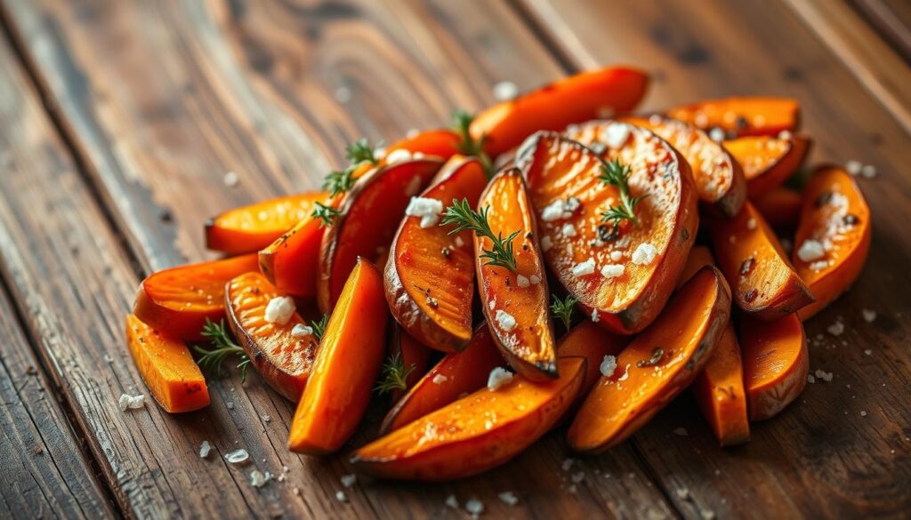 Elegant and inviting presentation of roasted sweet potatoes, artfully arranged on a rustic wooden table. Soft, warm lighting casts a cozy glow, highlighting the vibrant orange hues and caramelized edges of the sweet potato wedges. Garnished with sprigs of fresh thyme, a sprinkle of sea salt, and a drizzle of honey, creating a visually appealing and appetizing display. The composition is balanced, with the sweet potatoes taking center stage, surrounded by a minimal, natural setting that accentuates their simple yet sophisticated charm. An image that would perfectly complement a feature on celebratory sweet potato recipes. Elegant and inviting presentation of roasted sweet potatoes, artfully arranged on a rustic wooden table. Soft, warm lighting casts a cozy glow, highlighting the vibrant orange hues and caramelized edges of the sweet potato wedges. Garnished with sprigs of fresh thyme, a sprinkle of sea salt, and a drizzle of honey, creating a visually appealing and appetizing display. The composition is balanced, with the sweet potatoes taking center stage, surrounded by a minimal, natural setting that accentuates their simple yet sophisticated charm. An image that would perfectly complement a feature on celebratory sweet potato recipes.