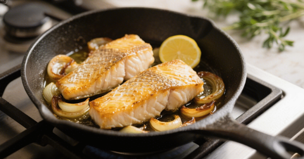 Merlu au Citron et Échalote 3 Merlu côté peau dans une poêle avec échalotes et jus de citron