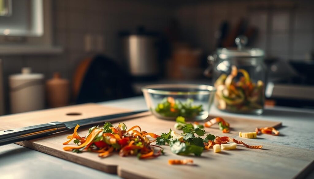 conservation des restes Soupe de légumes maison réconfortante, servie chaude avec des légumes frais coupés en morceaux dans un bol rustique.