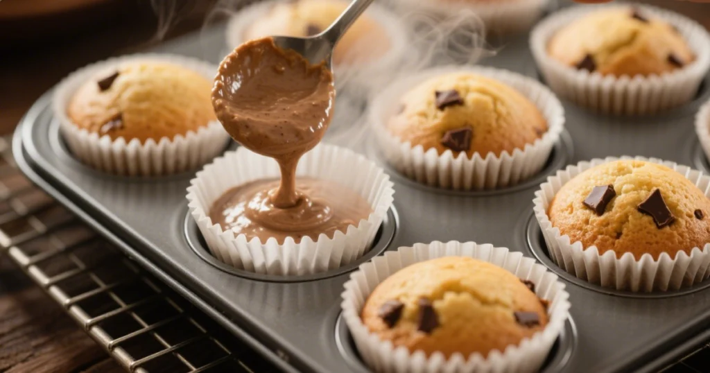 Muffins banane et pépites de chocolat 6 Muffins banane chocolat cuits caissettes papier grille refroidissement dorés pépites chocolat
