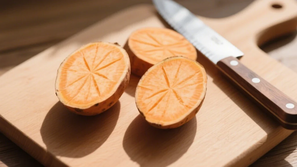 Patate douce au four 3 Patates douces coupées en deux et quadrillées au couteau, prêtes à être rôties