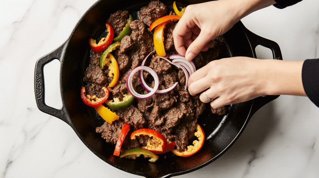 Fajitas de Bœuf : Recette Authentique et Savoureuse 4 Fajitas de bœuf servies sur une planche en bois, garnies de lanières de viande grillée, poivrons colorés, oignons caramélisés et coriandre fraîche, avec tortillas chaudes à côté.