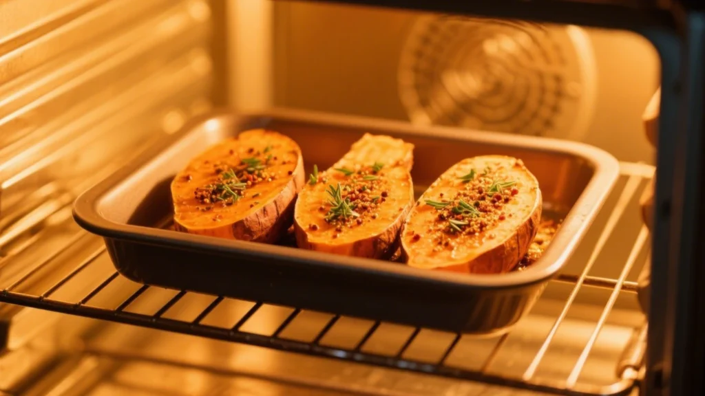 Patate douce au four 5 Patates douces quadrillées dans un plat, prêtes à cuire au four avec un assaisonnement maison