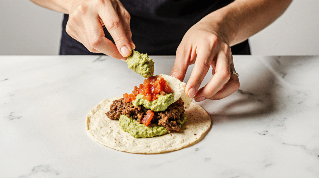 Fajitas de Bœuf : Recette Authentique et Savoureuse 5 Fajitas de bœuf servies sur une planche en bois, garnies de lanières de viande grillée, poivrons colorés, oignons caramélisés et coriandre fraîche, avec tortillas chaudes à côté.