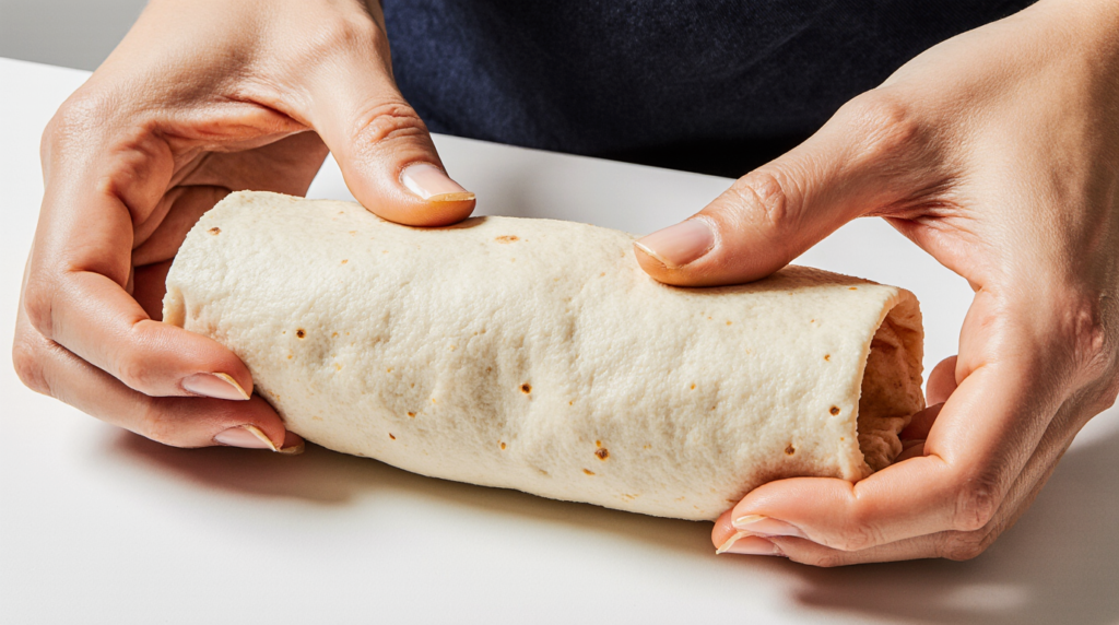 Burrito au Poulet Facile 4 Burrito au poulet maison, garni de morceaux de poulet grillé, riz, haricots noirs, poivrons, fromage fondu et sauce crémeuse, enveloppé dans une tortilla moelleuse et dorée, servi avec des accompagnements mexicains.