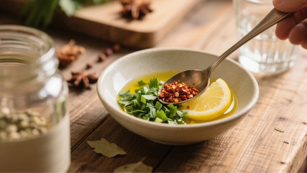 Patate douce au four 4 Bol contenant un mélange d’huile d’olive, persil haché, jus de citron et piment de Cayenne
