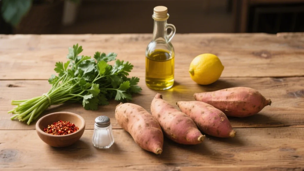 Patate douce au four 2 Ingrédients crus pour la recette : patates douces, persil, huile d’olive, citron, piment de Cayenne, sel et poivre disposés sur une table en bois