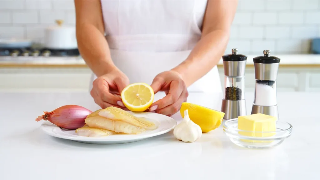 Congre Poêlé : Simple et Savoureuse 2 Congre poêlé doré à souhait, servi dans une assiette blanche avec une garniture de citron frais et herbes aromatiques (persil ou ciboulette). Accompagné d’une purée de légumes ou de riz basmati. Arrière-plan minimaliste avec lumière naturelle douce pour un effet appétissant et élégant.