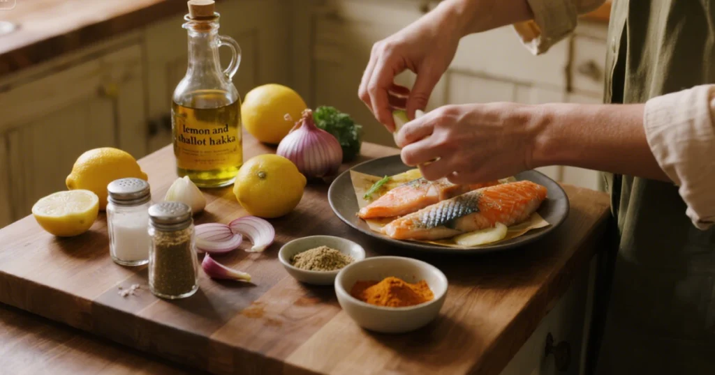 Merlu au Citron et Échalote 2 Ingrédients frais pour une recette de Merlu : filets de poisson, citron, échalotes, curcuma, vinaigre, sel et poivre