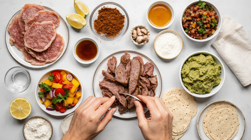 Fajitas de Bœuf : Recette Authentique et Savoureuse 2 Fajitas de bœuf servies sur une planche en bois, garnies de lanières de viande grillée, poivrons colorés, oignons caramélisés et coriandre fraîche, avec tortillas chaudes à côté.
