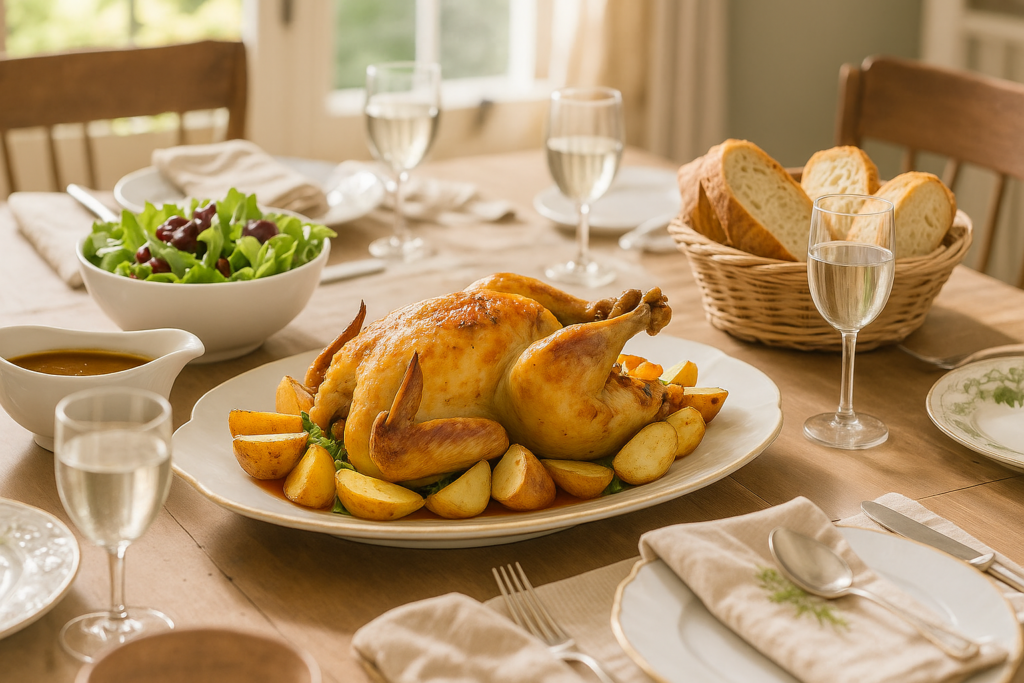Le Poulet Roti aux Pommes de Terre 5 Poulet rôti doré et croustillant, entouré de pommes de terre rôties et d’herbes fraîches, servi dans un plat blanc sur une table élégante.