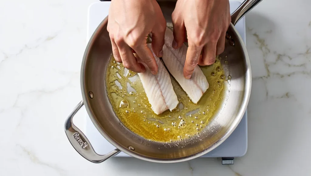 Congre Poêlé : Simple et Savoureuse 4 Congre poêlé doré à souhait, servi dans une assiette blanche avec une garniture de citron frais et herbes aromatiques (persil ou ciboulette). Accompagné d’une purée de légumes ou de riz basmati. Arrière-plan minimaliste avec lumière naturelle douce pour un effet appétissant et élégant.